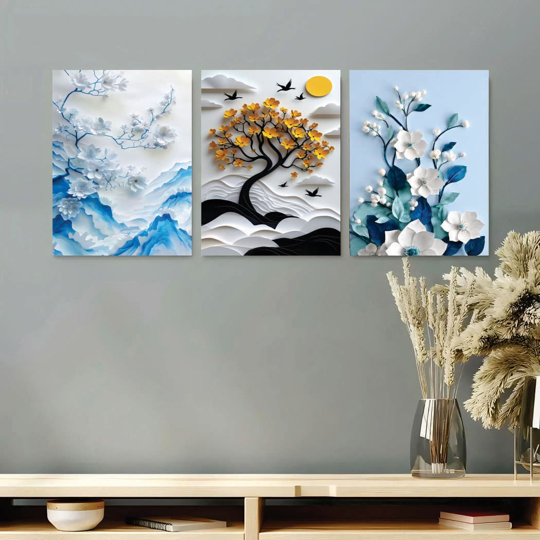 Set of 3 Premium Wall Art Photo Tiles – Modern Home Decor Sets 8x11 | With Frame